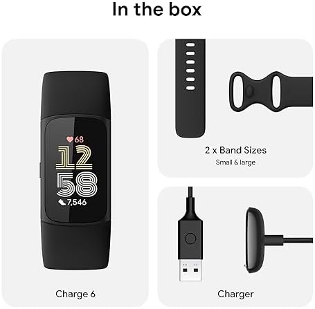 Fitbit Charge 6 Fitness Tracker with Google apps, Heart Rate on Exercise Equipment, 6-Months Premium Membership Included, GPS, Health Tools and More, Obsidian/Black, One Size (S & L Bands Included)