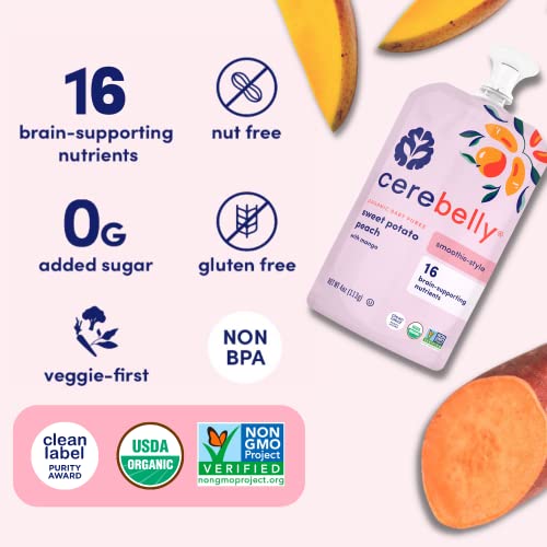 Cerebelly Organic Baby Food Pouches – Dairy Free Smoothies for Toddlers | No Added Sugar, Fiber, Non-GMO | Toddler Smoothie Pouches | 4oz BPA-Free Baby Food | Sweet Potato Peach | 6 Count