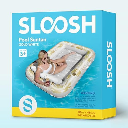 SLOOSH Inflatable Tanning Pool Lounger Float, 70" x 46" Pool Floats Adult with Pillow, 4 in 1 Suntan Tub Raft Floatie,Sunbathing Bed Lounge for Water Blow Up Kids Ball Pit Party Gifts, L-Golden White