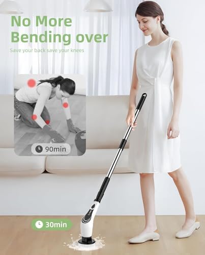 Electric Spin Scrubber, Cordless Cleaning Brush, Shower Scrubber with 8 Brush Heads, Power Scrubber Dual Speeds with Adjustable Extension Handle, IPX7 Waterproof for Bathtub Floor Tile Car-B