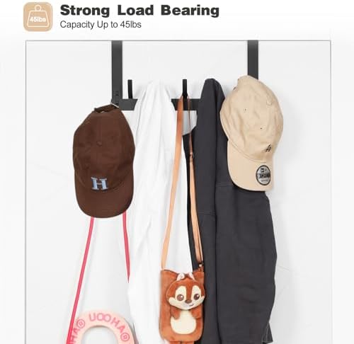 Door Hanger Hook, Over The Door Hooks for Hanging, Over The Door Towel Racks for Bathroom, Over The Door Hanger - 5 Triple Hooks for Towel, Clothes and Hat (Black, 2 Pack), TRI-1P