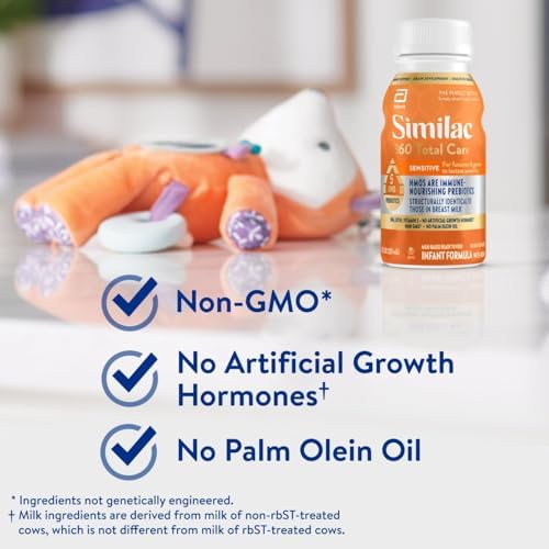 Similac 360 Total Care Sensitive Infant Formula for Fussiness & Gas Due to Lactose Sensitivity, Has 5 HMO Prebiotics, Baby Formula, Ready to Feed, 8-fl-oz Bottle, Pack of 24