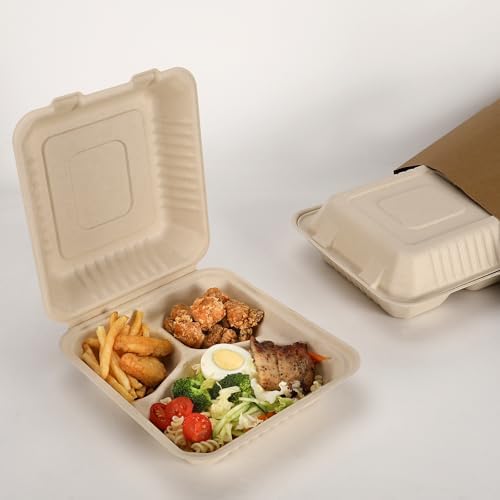Aricsen 50 Pack 3 Compartment Compostable 8x9 Inch Takeout Lunch Box Containers with Lid To Go Take Out Clamshell for Food, Disposable Eco-Friendly Biodegradable Bagasse, PFAS-Free, Brown