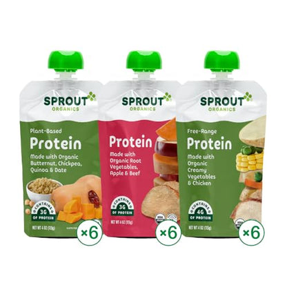 Sprout Organics Baby Food, Root Veg & Beef, Creamy Veg & Chicken, Plant-Based Chickpea Protein Pack, 8+ Months, 4 Oz Purees (Pack of 18)