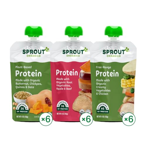 Sprout Organics Baby Food, Root Veg & Beef, Creamy Veg & Chicken, Plant-Based Chickpea Protein Pack, 8+ Months, 4 Oz Purees (Pack of 18)
