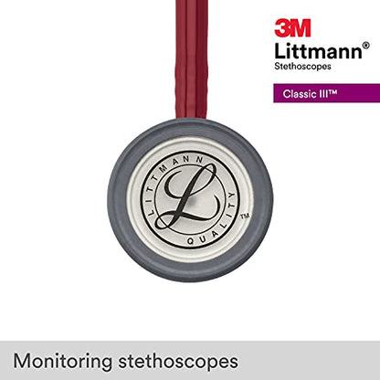 3M Littmann Classic III Monitoring Stethoscope, 5627, More Than 2X as Loud, Weighs Less, Stainless Steel Chestpiece, 27" Burgundy Tube