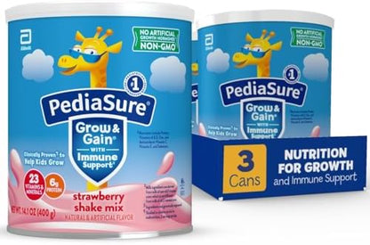 PediaSure Grow & Gain with Immune Support Shake Mix Powder, 23 Vitamins & Minerals, 6g Protein, Non-GMO, Gluten-Free, Strawberry, 14.1 oz Can, Pack of 3—24 Servings