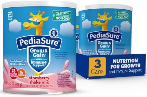 PediaSure Grow & Gain with Immune Support Shake Mix Powder, 23 Vitamins & Minerals, 6g Protein, Non-GMO, Gluten-Free, Strawberry, 14.1 oz Can, Pack of 3—24 Servings