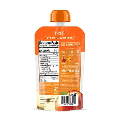 Happy Baby Organics Stage 2 Baby Food Pouches, Gluten Free, Vegan & Healthy Snack, Clearly Crafted Fruit & Veggie Puree, Apples, Pumpkin & Carrots, 4 Ounces (Pack of 16)