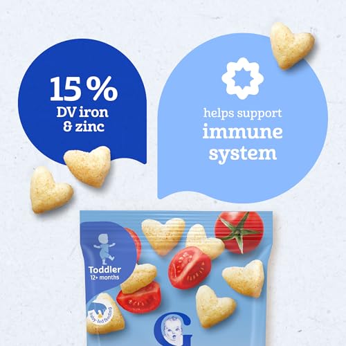 Gerber Toddler Snacks, Snacks for Kids, Kernel Free, Heart Shaped Puffcorn Snack, Tomato Bliss Flavor, Zinc and Iron Helps Support Immune System, 7-Pack
