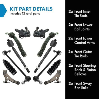 TRQ Front Steering & Suspension Kit Ball Joint Control Arm Steering Rack & Pinion Bellow Sway Bar Stabilizer Link Tie Rod Compatible with 2008-2019 Toyota Highlander