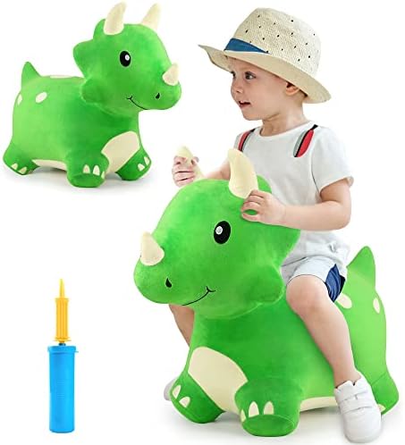 iPlay, iLearn Bouncy Pals Dinosaur Hopper Toy 2 Year Old Boy, Toddler Plush Bounce Animals, Ride on Bouncing Triceratops for Kids, Outdoor Hopping Horse Bouncer, Cool Birthday Gifts 3 4 5 6 Yr Girls