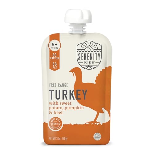 Serenity Kids 6+ Months Organic Baby Food Pouches - BPA-Free Range Turkey Pouches with Pumpkin Puree, Sweet Potato & Beet - 3.5 Oz, 6 Pack