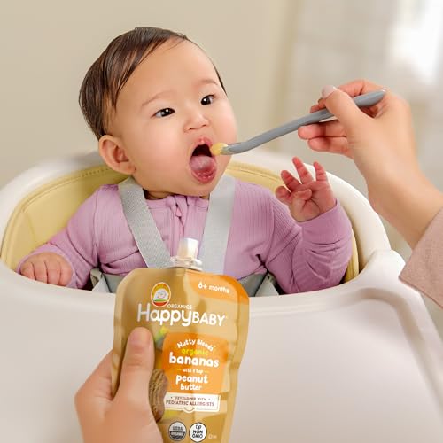 Happy Baby Organics Stage 2 Baby Food Pouches, Gluten Free, Vegan Snack, Nutty Blends, Bananas & Peanut Butter Organic Baby Food, 3 Ounce (Pack of 12)