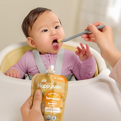 Happy Baby Organics Stage 2 Baby Food Pouches, Gluten Free, Vegan Snack, Nutty Blends, Bananas & Peanut Butter Organic Baby Food, 3 Ounce (Pack of 12)