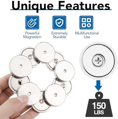 LOVIMAG Strong Magnets,150lb+ Waterproof Super Strong Neodymium Magnet with Hole,Strong Rare Earth Cup Magnets with Heavy Duty Countersunk Hole and Screws for Tool Room,Workplace(Silver, 10 Pack)