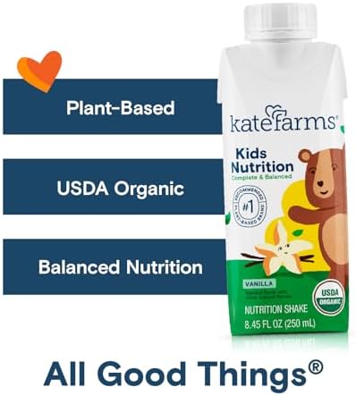 KATE FARMS Organic Kids Nutrition Vanilla Shake, 8g Protein, 27 Vitamins and Minerals, Meal Replacement, Gluten Free, Non-GMO, 8.45 oz (12 Pack)