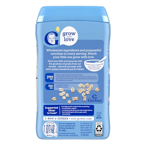 Gerber Stage 1 Baby Food, Baby Oatmeal Cereal, 8g Whole Grains, Iron, Zinc & Vitamin B12, Infant Cereal, 6-Pack