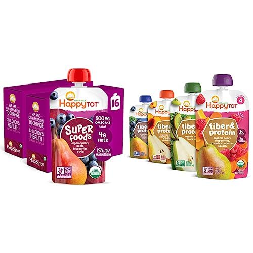 Happy Tot Organics Super Foods Stage 4, Pears, Blueberries & Beets (Pack of 16) & Stage 4 Fiber & Protein 4 Flavor Variety Pack (Pack of 16)