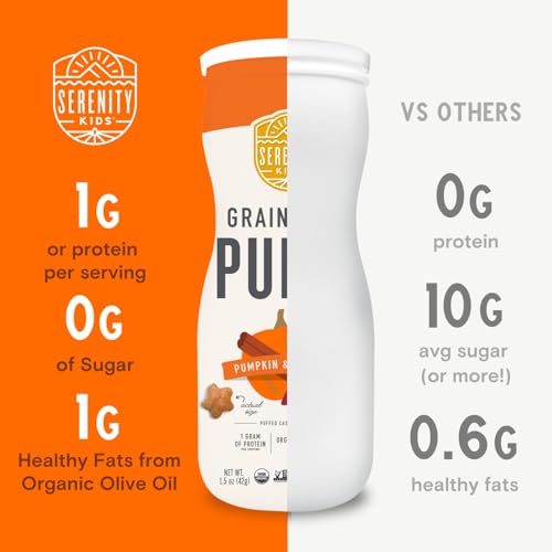 Serenity Kids 6+ Month Grain Free Puffs Toddler & Baby Snack - No Added Sugar - No Gluten or Rice - BPA & Allergen Free - With Organic Cassava, Veggies & Herbs - Pumpkin & Cinnamon - 6 Count