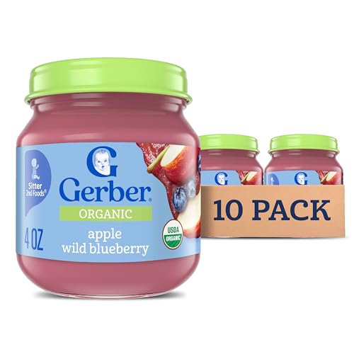 Gerber Stage 2 Baby Food, Organic Apple Wild Blueberry Jar, Fruit Puree, Vitamin C, Non-GMO, Baby Food Fruit, Puree Jars Glass, 10-pack