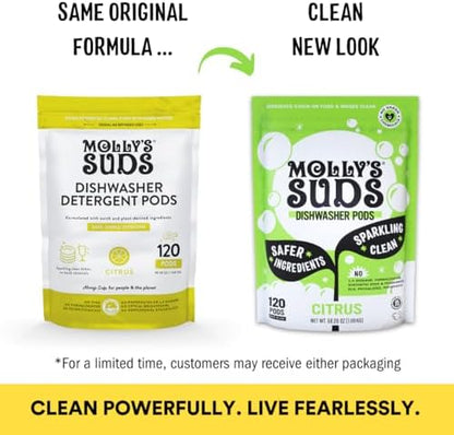 Molly's Suds Dishwasher Pods | Clean Dishwasher Detergent, Cuts Grease & Rinses Clean (Residue-Free) for Sparkling Dishes | 120 Auto-Release Tabs (Citrus)