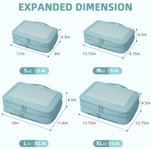 BAGAIL 4 Set/6 Set/8 Set Compression Packing Cubes Travel Accessories Expandable Packing Organizers (Square Mesh, 06-Dusty Blue)