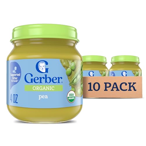 Gerber Stage 1 Baby Food, Organic Pea Jar, Baby Puree, Non-GMO, Vegetable, Puree Jars Glass, 10-pack