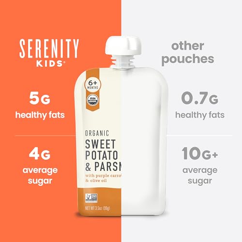 Serenity Kids 6+ Months Organic Veggie Puree Baby Food Pouches - No Added Sugar & Allergen Free - BPA-Free Baby Snacks & Toddler Food with Sweet Potato & Parsnip - 3.5 Oz, 12 Pack