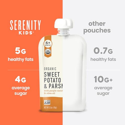 Serenity Kids 6+ Months Organic Veggie Puree Baby Food Pouches - No Added Sugar & Allergen Free - BPA-Free Baby Snacks & Toddler Food with Sweet Potato & Parsnip - 3.5 Oz, 12 Pack