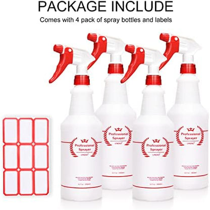 Plastic Spray Bottle (4 Pack, 32 Oz, All-Purpose) Heavy Duty Spraying Bottles Leak Proof Mist Empty Water Bottle for Cleaning Solution Planting Pet with Adjustable Nozzle and Measurements