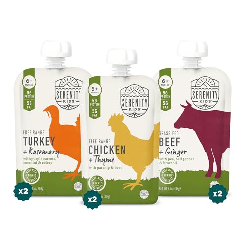 Serenity Kids 6+ Months Baby Food Pouches Puree - BPA-Free Meats & Herbs - Organic Baby Food Puree with Meat & Veggies - 3.5 Oz, 6 Pack