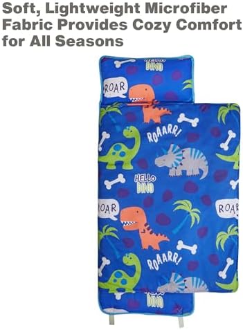 EVERYDAY KIDS Nap Mat with Removable Pillow - Roarin' Dinos - Carry Handle with Straps Closure, Rollup Design, Soft Microfiber for Preschool, Daycare, Travel Sleeping Bag - Ages 3-6 Years
