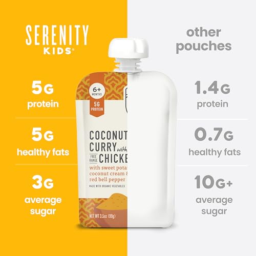 Serenity Kids 6+ Months World Explorers Coconut Curry Chicken Baby Food Pouch - BPA-Free Pouches - Ethically Sourced Meats & Organic Veggies - GMO-Free Savory Blend - 3.5 Oz, 12 Pack