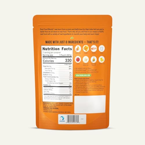 Real Food Blends Salmon, Oats & Squash - Pureed Food Meals for Tube Feeding with Protein, Vegetables & Fruits - 330 Calories for Lunch & Dinner - 9.4 oz (Pack of 12)