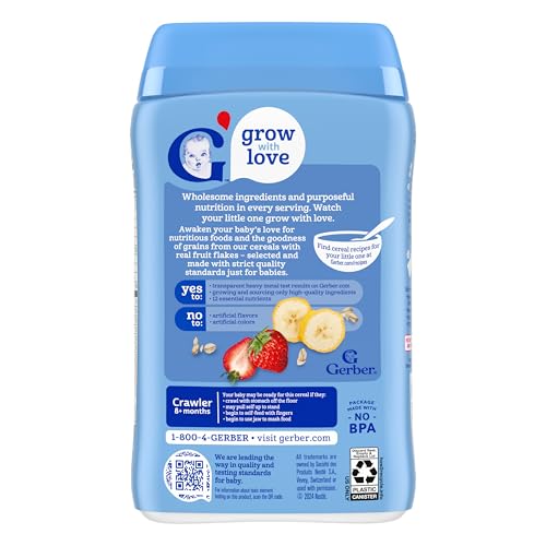 Gerber Stage 3 Baby Food, Oatmeal Banana Strawberry Cereal, Whole Grains, Iron, Baby Oatmeal Cereal, 6-Pack