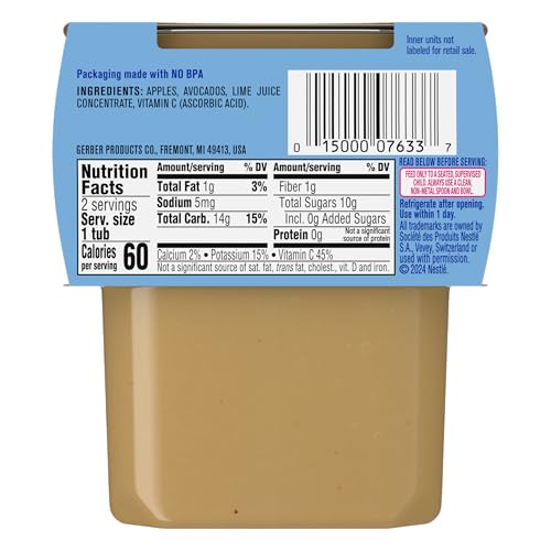 Gerber 2nd Foods, Apple Avocado Pureed Baby Food, 4 Ounce Tubs, 2 Count (Pack of 8)