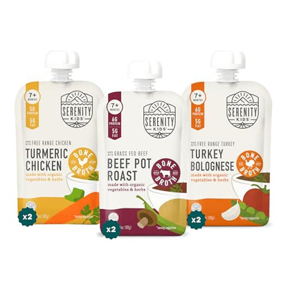 Serenity Kids 7+ Months Bone Broth Puree Made with Organic Veggies - BPA-Free Organic Baby Food Pouches with Veggies & Ethically Raised Meat - Clean Label Project Certified - 3.5 Oz, 6 Pack