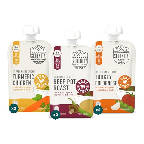 Serenity Kids 7+ Months Bone Broth Puree Made with Organic Veggies - BPA-Free Organic Baby Food Pouches with Veggies & Ethically Raised Meat - Clean Label Project Certified - 3.5 Oz, 6 Pack