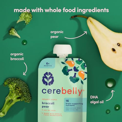 Cerebelly Baby Food Pouches – Organic Veggie Purees for Toddlers | No Added Sugar, Fiber, Non-GMO | Blended Toddler Pouches | 4 Ounce BPA-Free Pouch | Broccoli Pear | 6 Count