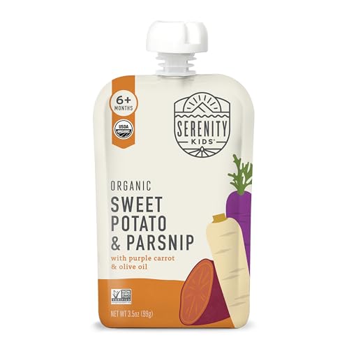 Serenity Kids 6+ Months Organic Veggie Puree Baby Food Pouches - No Added Sugar & Allergen Free - BPA-Free Baby Snacks & Toddler Food with Sweet Potato & Parsnip - 3.5 Oz, 12 Pack