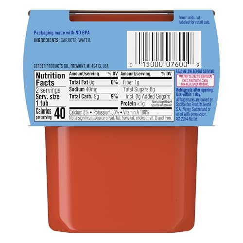Gerber Stage 2 Baby Food, Carrot Puree Tubs, No Added Salt, No Artificial Colors or Flavors, Baby Puree, 16-Pack