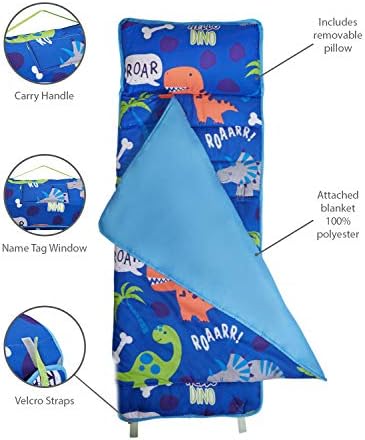 EVERYDAY KIDS Nap Mat with Removable Pillow - Roarin' Dinos - Carry Handle with Straps Closure, Rollup Design, Soft Microfiber for Preschool, Daycare, Travel Sleeping Bag - Ages 3-6 Years