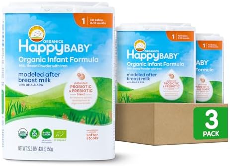 Happy Baby Organics Stage 1 Infant Formula, 0 12 Months, Milk Based Organic Baby Formula Powder with Iron, Probiotics & Prebiotics for Immune & Digestive Support, 22.9 Ounce (Pack of 3)
