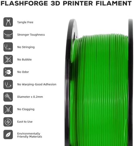 FLASHFORGE PLA Filament 1.75mm, 3D Printer Filament 1kg (2.2lbs) Spool, Dimensional Accuracy +/- 0.02mm, 3D Printing Filament Easy to Use and Fits for Most FDM 3D Printers (Green)
