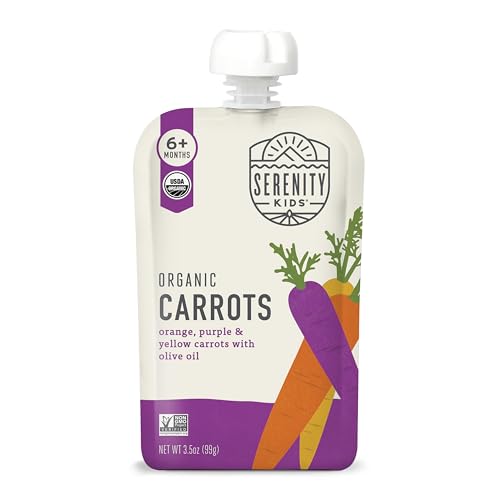 Serenity Kids 6+ USDA Months Organic Carrot Veggie Puree Baby Food Pouches - 3.5 oz Pack of 12 - Organic, BPA-Free & Allergen Free - No Sugary Fruits & No Added Sugar - 3.5 Oz, 12 Pack