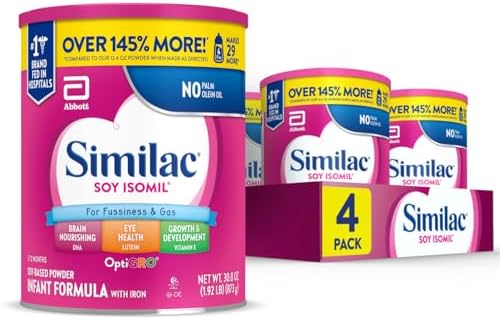 Similac Soy Isomil Infant Formula, for Fussiness & Gas, Plant-Based Protein, Infant Formula Powder, 30.8-oz Value Can, Pack of 4