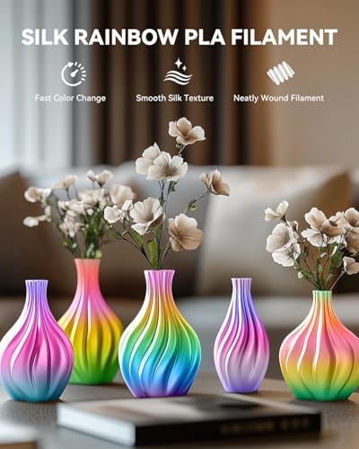 SUNLU Silk Rainbow PLA Filament, Multicolor Silk 3D Printer Filament 1.75mm +/- 0.02mm, Fast Color Change Each 8 Meters, 330 Meters, 1kg/2.2lbs, Silk Rainbow Filament(Pink-Yellow-Blue-Green)