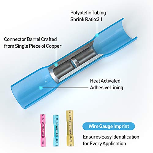 TICONN 250Pcs Heat Shrink Wire Connectors, Waterproof Automotive Marine Electrical Terminals Kit, Crimp Connector Assortment, Ring Fork Spade Splices