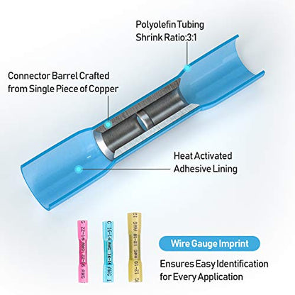 TICONN 250Pcs Heat Shrink Wire Connectors, Waterproof Automotive Marine Electrical Terminals Kit, Crimp Connector Assortment, Ring Fork Spade Splices